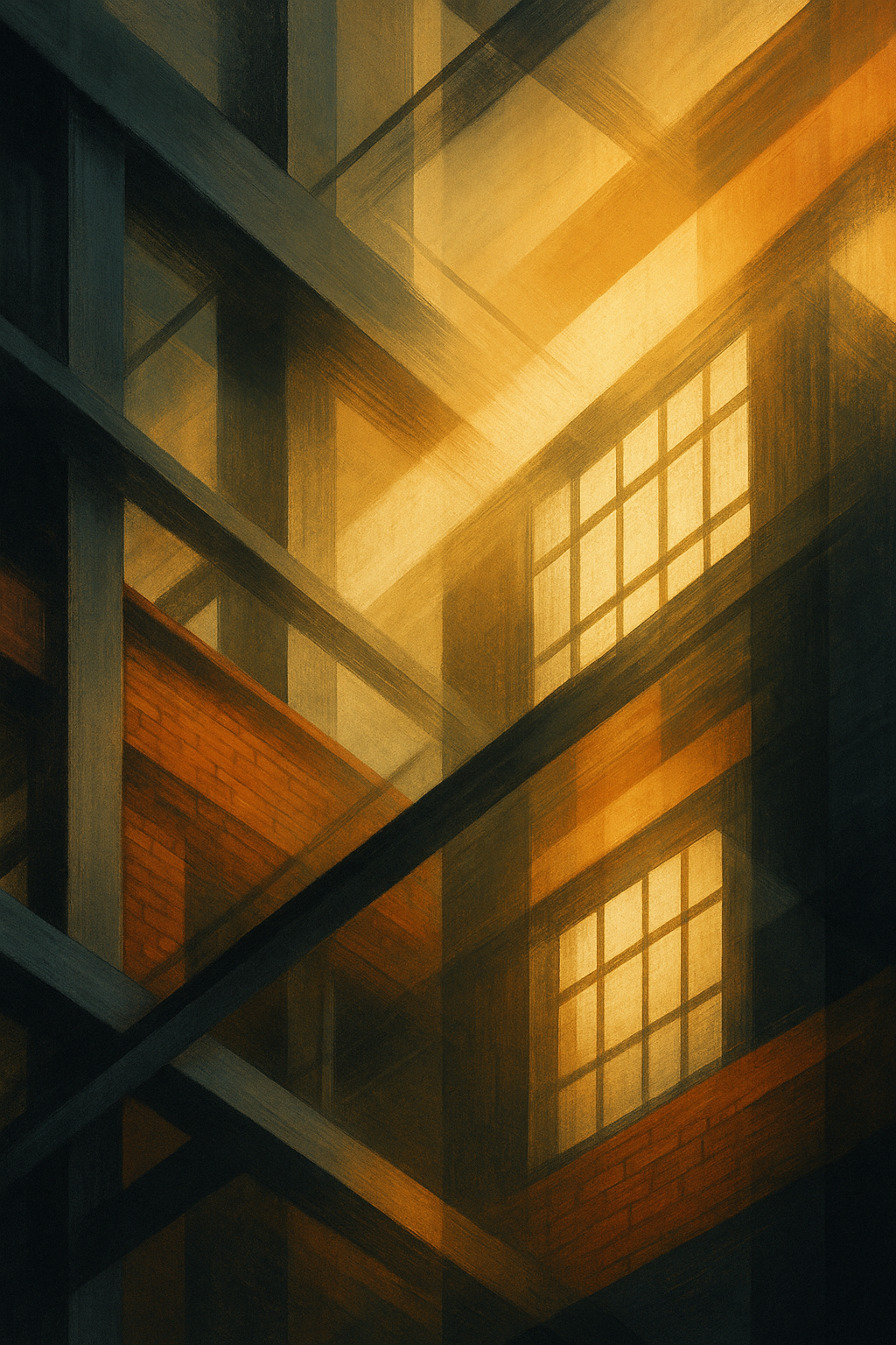 Abstract architectural artwork in amber and charcoal tones