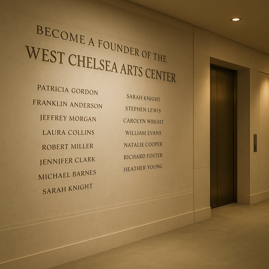 Founder donor wall for the West Chelsea Arts Center