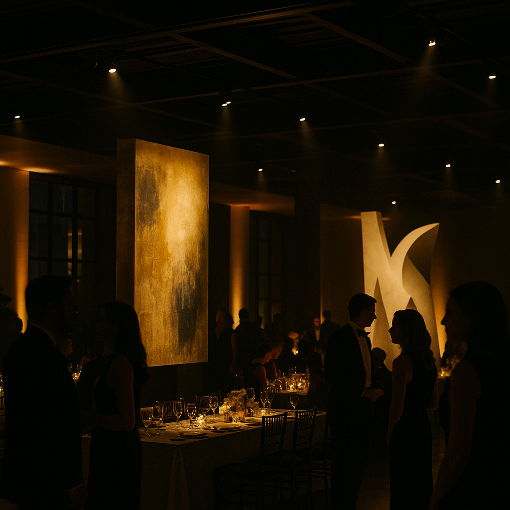 Elegant WCBAA founders gala with abstract sculptures and warm lighting
